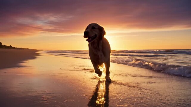 A joyful golden retriever plays along the shoreline, splashing in the waves as the sun sets. The colors of the sky create a magical backdrop for this playful moment.