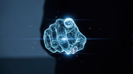 Futuristic blue wireframe hand with light effects points forward in dark scene