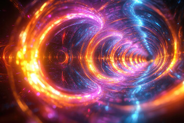 A mesmerizing, vibrant light tunnel or wormhole with swirling orange, pink, purple, and blue luminous particles creating an abstract, energetic, futuristic pathway.