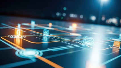 Futuristic digital network with glowing lines and holographic data icons on dark background