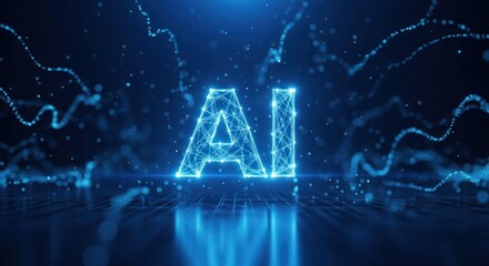 Futuristic digital AI letters glowing with network connections and data particles
