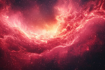 Vibrant red and orange cosmic nebula, intensely illuminated by a radiant core, displaying intricate swirling gas clouds against a dark starfield.