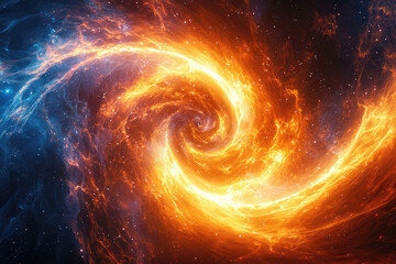 Fototapeta premium A breathtaking cosmic swirl of fiery orange and ethereal blue gas, resembling a spiral galaxy or nebula, amidst a starry dark universe.