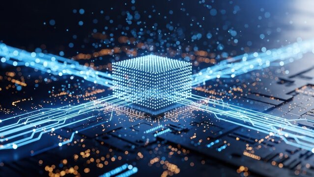 Futuristic blue data processor on a dark circuit board, emitting light pathways