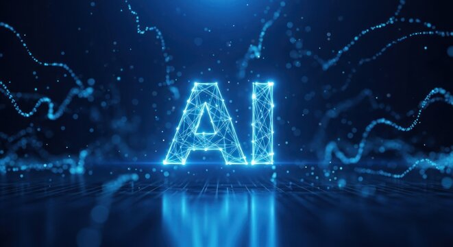 Futuristic digital AI letters glowing with network connections and data particles