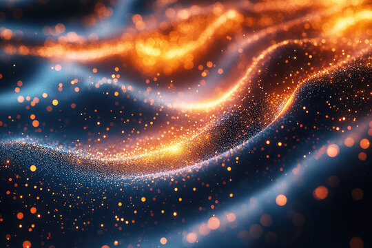 Abstract digital waves of luminous golden and blue particles flow through a dark space, creating a dynamic, energetic pattern. - Powered by Adobe