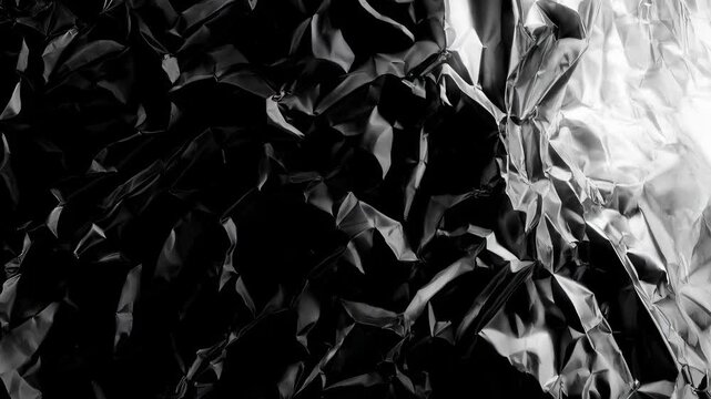 A close-up of crumpled black and white metallic foil creating abstract texture and patterns.