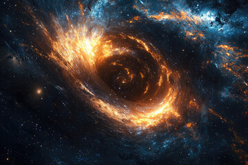 Obraz premium A stunning cosmic vortex of fiery orange and blue nebula, spiraling through a star-filled galaxy, depicting immense gravitational forces.