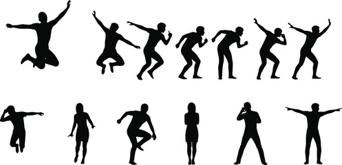 Human pose and movement silhouette illustration set, dynamic and expressive body gesture vector, black and white graphic