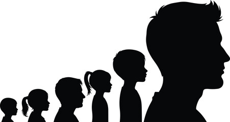 Human growth progression silhouette illustration, child to adult development stages, aging and maturity concept vector, black and white graphic