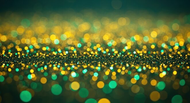 Glittering gold and teal bokeh lights create a festive, textured abstract background