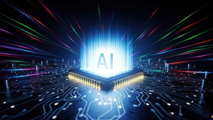 Glowing AI text on a futuristic processor chip with radiating light streams and circuit board