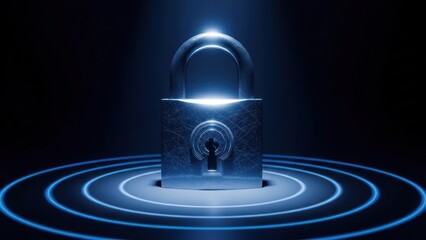 Glowing digital padlock with concentric blue rings on dark background, symbolizing security