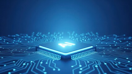 Glowing AI processor chip on a futuristic blue circuit board, representing advanced technology