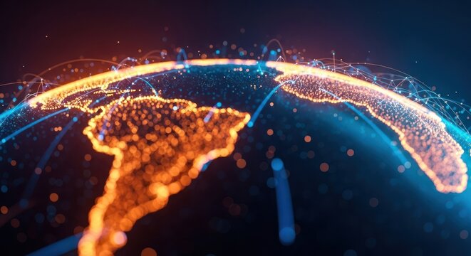 Glowing digital globe with connected lines, focusing on Americas, vibrant orange and blue