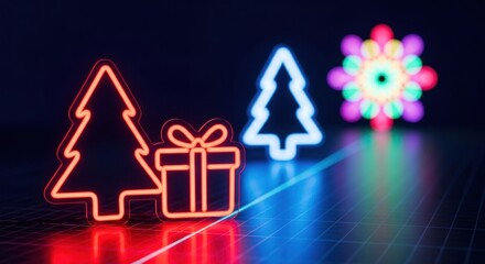 Glowing red and blue neon holiday trees and gift box on a dark grid background