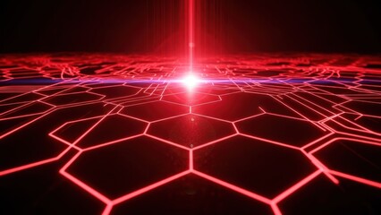 Glowing red hexagonal grid with a central intense light beam on a dark, circuit-patterned ground