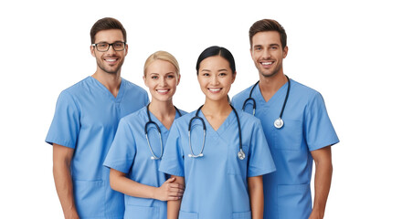 Modern visualization of diverse medical team smiling confidently in scrubs demonstrating doctor, nurse, physician in realistic