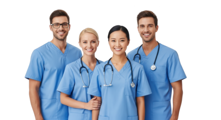 Modern visualization of diverse medical team smiling confidently in scrubs demonstrating doctor, nurse, physician in realistic