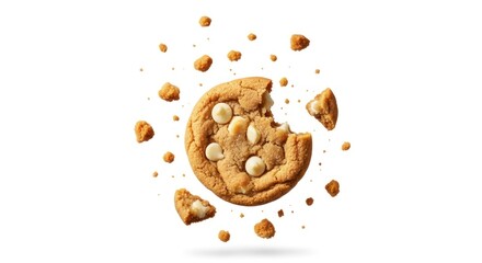 Golden cookie with white chips, one bite taken, surrounded by floating crumbs on white