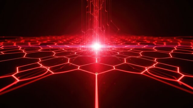 Glowing red hexagon grid with central light beam and upward data lines on a dark background