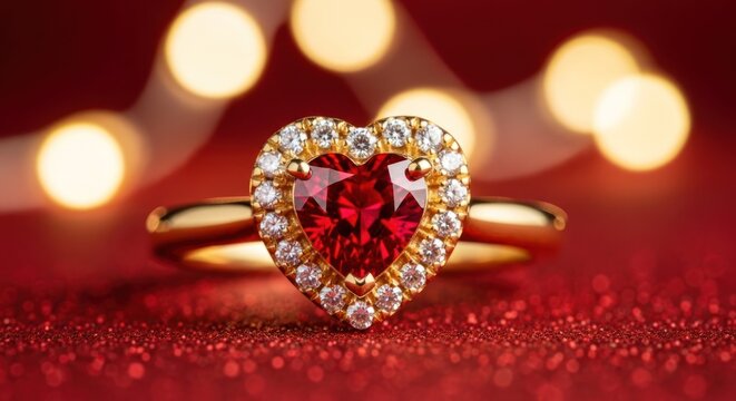 Gold ring with a heart-shaped red gem and diamonds on red glitter, warm bokeh lights - Powered by Adobe
