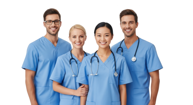 Modern visualization of diverse medical team smiling confidently in scrubs demonstrating doctor, nurse, physician in realistic - Powered by Adobe