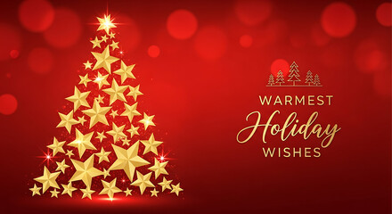 Golden Star Christmas Tree on Red Background with Holiday Greetings