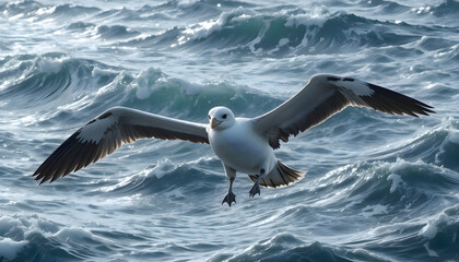 Fototapeta premium Bird flying above ocean water with wings spread wide over moving waves in a natural coastal scene that highlights graceful motion of wildlife in an open marine environment under clear daylight