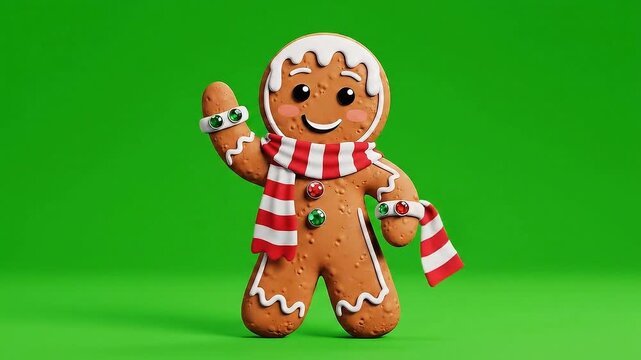 Charming 3D Render Gingerbread Man Character Waving Hello Festive Christmas Scarf and Bracelet Isolated on Vibrant Green Screen Background with Soft Studio