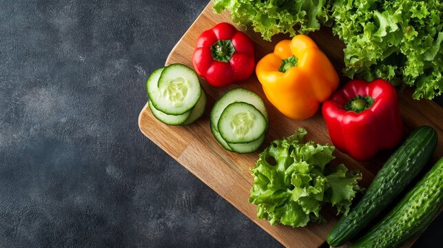 Vibrant bell peppers, cucumbers, and lettuce arranged on wooden cutting board against dark background, showcasing healthy eating concept - Powered by Adobe