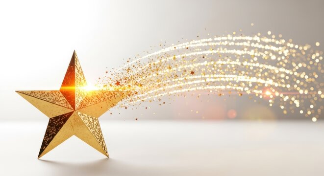Golden textured star emits bright light and trail of glittering gold particles on a light background - Powered by Adobe