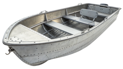 A small, riveted aluminum jon boat isolated on a transparent background, perfect for fishing or small watercraft needs