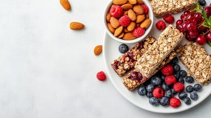Healthy breakfast plate with granola bars, mixed berries, almonds, and raspberries on white background, offering ample copy space for nutritional content