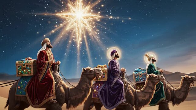 Three Wise Men Journey - This video depicts the three wise men traveling on camels under a bright Christmas star in the night sky. They are adorned in colorful robes and carry treasures.