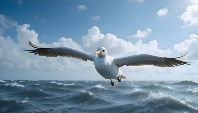 Seagull flying over water with extended wings gliding smoothly across a coastal environment where rippling waves and bright light emphasize active wildlife behavior in open nature - Powered by Adobe