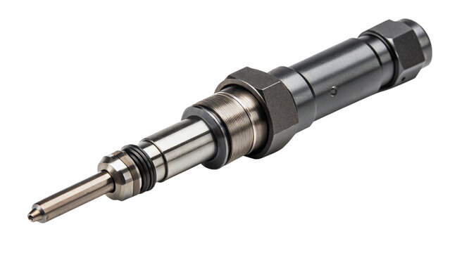 Closeup of a fuel injector nozzle, a critical component in modern engine systems, isolated on white isolated on transparent background