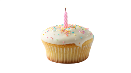 A single cupcake with white frosting and a pink candle, isolated on transparent background