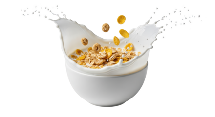 Dynamic cereal and milk splash in white bowl concept visualized beautifully with focus on cereal, milk,