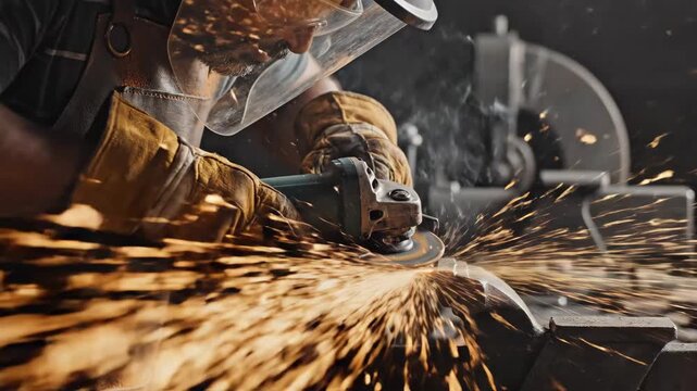 Craftsman Metalworking Sparks Close-up - A close-up shot captures a craftsman grinding metal in a dimly lit workshop, with sparks flying.