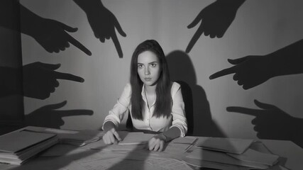 Young woman sitting at a desk surrounded by accusatory finger shadows in a black and white scene