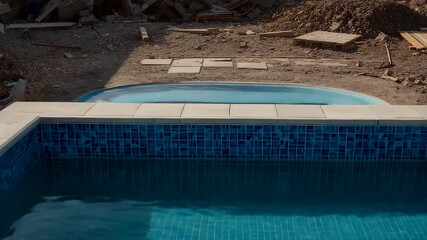Swimming pool under construction with newly tiled blue walls and clear water surrounded by unfinished ground and sunlight creating a worksite scene