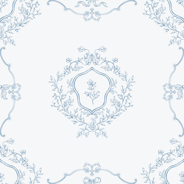 Vintage seamless pattern. Victorian Baroque pattern with hand drawn acanthus leaves and rustic florals. Classic linear background for wedding invitation, wrapping, packaging, fabric, and wallpaper.
