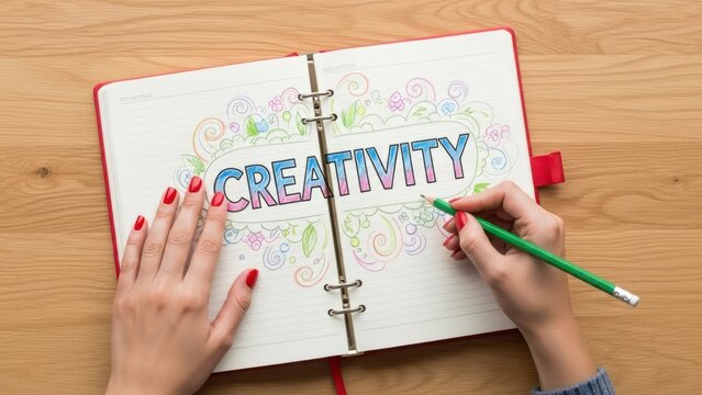 Hands drawing 'CREATIVITY' in a colorful notebook on a wooden desk with a pencil - Powered by Adobe