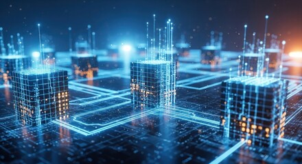 High-tech abstract illustration of a server grid with glowing blue data streams