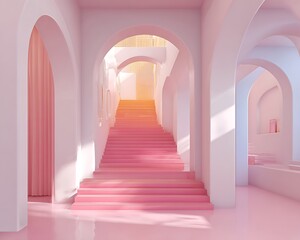 Dreamlike interior with stairs leading to nowhere and pink pastel lighting