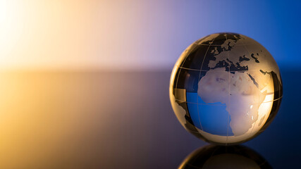 Glass globe reflecting warm and cool light on a dark surface