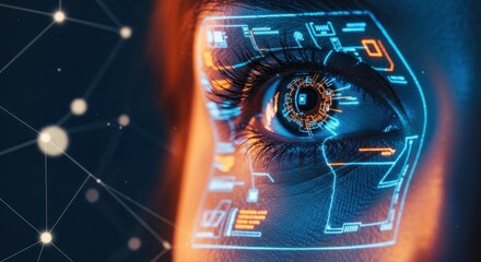 Human eye with intricate glowing digital interface overlay and networked data points