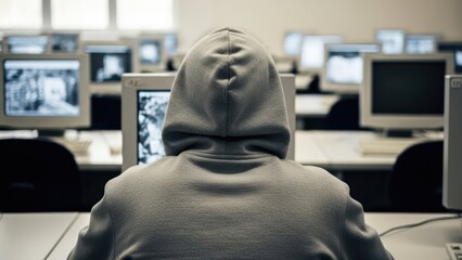 Hooded figure back to camera in computer lab with vintage CRT monitors