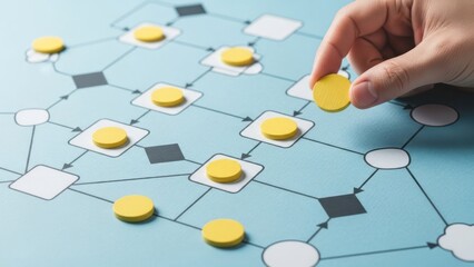 Human hand positions a yellow marker on a complex blue process flowchart